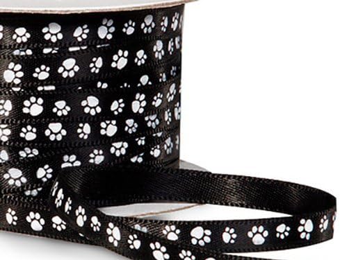 Single Faced Satin Paw Print Ribbon 1/4" Black with White Paw Print - 50 Yard Roll...