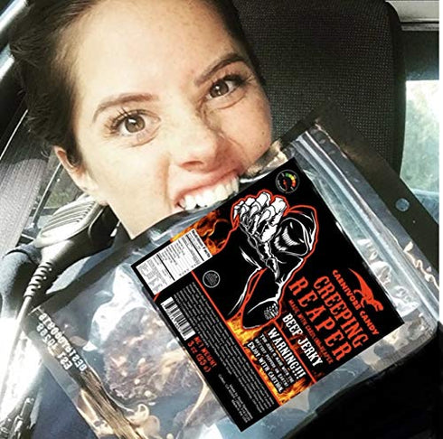 JURASSIC JERKY’S “CREEPING REAPER” Carolina Reaper Beef Jerky The Reaper is the HOTTEST Pepper in the world! Sweet with Heat - (2) 3 oz bags...