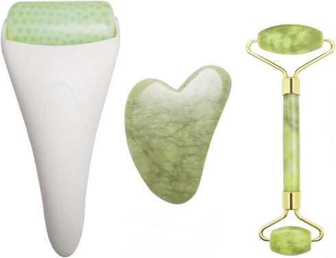 3 in 1 Ficial Face Ice Jade Roller and Gua Sha Tool, Natural Real Jade Anti-Wrinkle Face Eye Neck Massager Tool, Reduce Wrinkles, Puffiness, Migra...