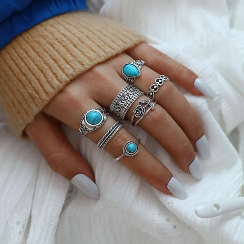 Bohemian Turquoise Ring for Women Western Rings Jewelry Stackable Knuckle Ring Set Vintage Rose Leaf Ring Set for Women Gifts...
