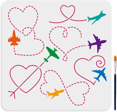 6 Styles Airplane Love Track Stencil 11.8×11.8inch Airplane Stencil Template with Paint Brush Aircraft Flight Trajectory Drawing Template for Vale...