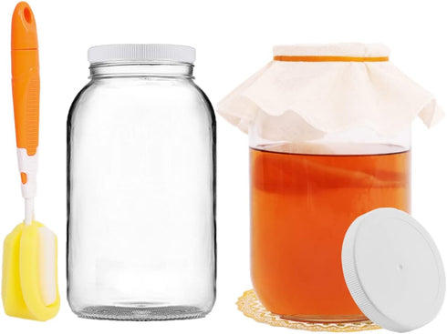 Artcome 1-Gallon Glass Jar Wide Mouth with 2 Airtight Plastic Lids, 4 Muslin Cloths, 2 Rubber Bands, 2 Gold Mats and a Brush for Kombucha, Ferment...