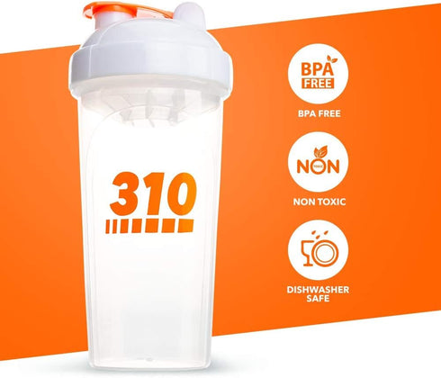 310 Nutrition Protein Shaker Bottle Meal Replacement Blender Cup For Mixing Protein Powders, Lemonade Mix, And Pre Workout (Clear w/White Lid)...
