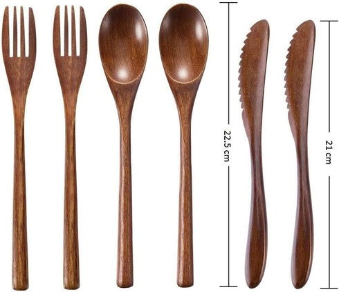 Wooden Spoon Fork Knife Eating Flatware Set Portable Utensil Set with Case, Reusable Wooden Cutlery Travel Utensils Set, 2 Spoons and 2 Forks and ...
