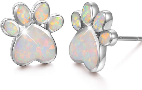 Ladytree S925 Sterling Silver Jewelry Puppy Dog Cat Pet Paw Print White Simulated Opal Stud Earrings...