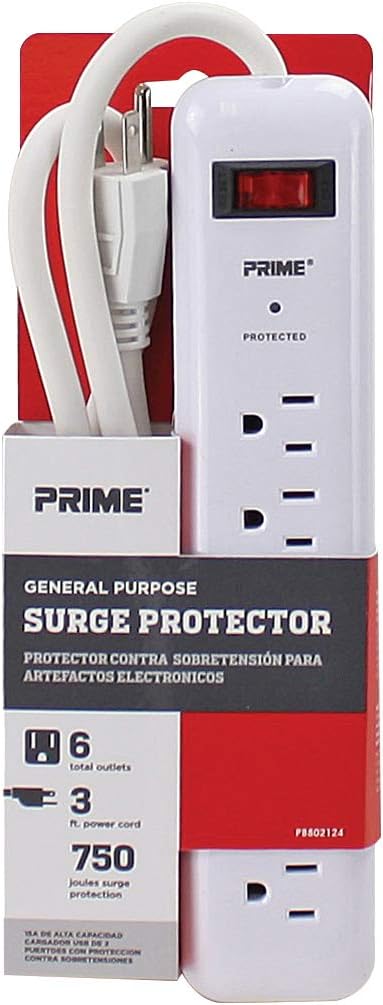 Prime Wire PB802124 6-Outlet Household Electronics Surge Protector with 14/3 SJT 3-Feet Cord....