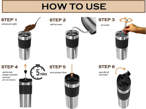 Portable coffee maker, french press, Insulated Mug with double Wall Stainless Steel, 16oz,. French Press Tumbler, French press Mug, Portable coffe...