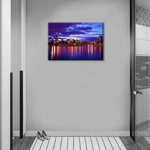 Chicago Cityscape at Night Wall Art Painting on Canvas Michigan Lake Bedroom Wall Art Modern Urban Building Panorama House Decorations for Living ...