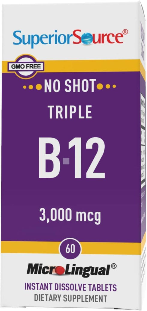Superior Source No Shot Triple B12 3000 mcg, Quick Dissolve MicroLingual Tablets, 60 Ct, Methylcobalamin, Adenosylcobalamin & Cyanocobalamin, Cogn...