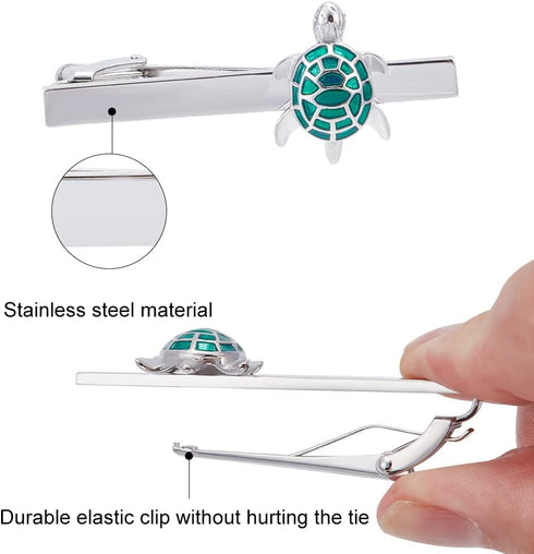 2PCS Turtle Tie Clips for Men Tortoise Tie Bar Clips Personalized Cufflinks Set Fathers Day Birthday Jewelry Gift (Green Black)...