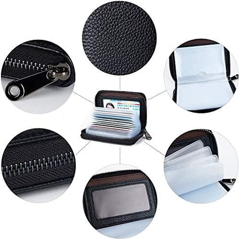 Genuine Leather Credit Card Holder Wallet RFID Blocking Secure Card Case ID Case Organizer Zipper Wallet (A-Classic Black)...