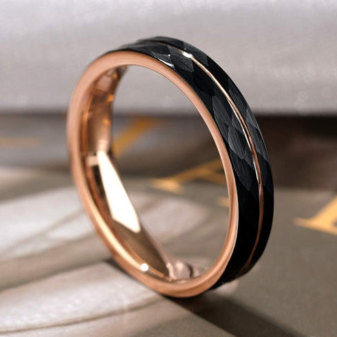 THREE KEYS JEWELRY 4mm Womens Charming Jewelry Tungsten Hammered with Rose Gold Interior & Stripe Wedding Carbide Ring Band for Women Engagement B...