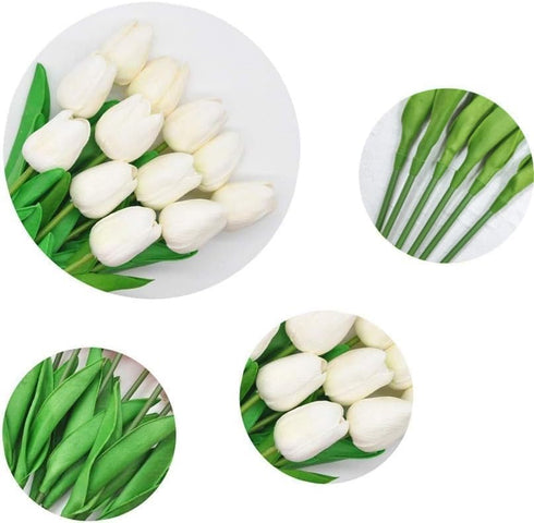 PU Fake Tulips Real Touch Artificial Flowers 10Pcs Flower Arrangement Bouquet for Home Office Wedding Decoration (White)...