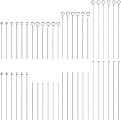 PH PandaHall 560pcs 8 Styles 304 Stainless Steel Eye Pins 30mm 40mm 50mm Head Pins 22 Gauge Ball Head Pin Findings Open Eye Pin for Earring Bracel...