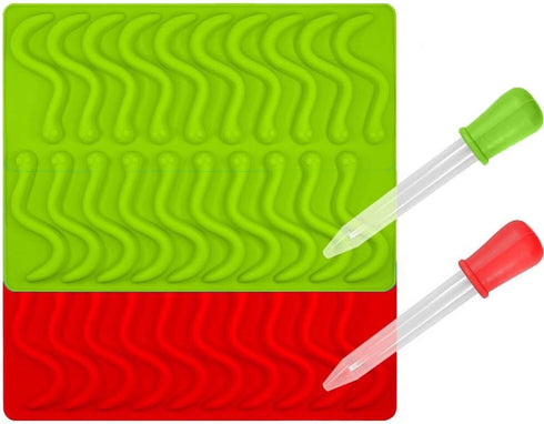 Candy Silicone Molds & Ice Cube Trays,2 Pack Gummy Worm Molds 20 Cavities with Bonus Dropper (Red, Green)...