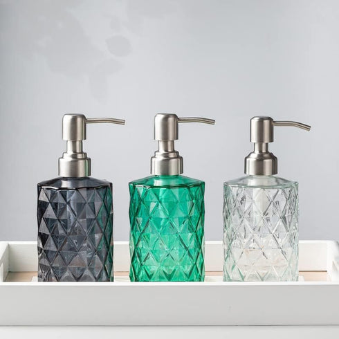Easy Tang Glass Soap Dispenser Bathroom Kitchen 12 Oz Crystal Design with Silver Pump, Refillable Liquid Soap Dispenser (Green)...