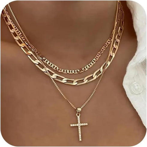Cross Necklace for Women,Stackable Stacked Stacking Layering Layered Necklaces Dainty Gold Necklace Paperclip Box Flat Mariner Chain Necklace Cros...