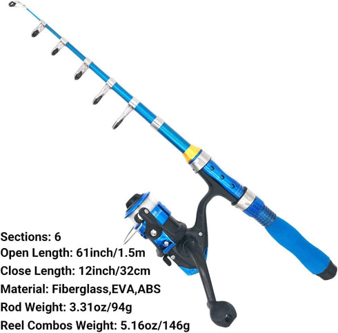 Kids Fishing Rod, 1.5M 61Inch 4.92Ft Portable Telescopic Fishing Pole and Reel Combos and String with Fishing Line Full Kits, Youth Fishing Pole F...