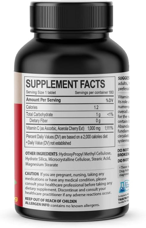 Acerola Cherry Vitamin C 1000mg, Immune Support - 180 Tablets X 1 Bottle (180 Count)...