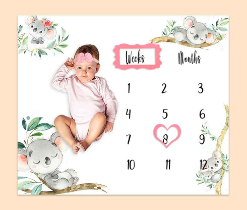 Baby Monthly Milestone Blanket| Koalas Trunk Branch Leaf Wreath | Newborns 1 to 12 Months Unisex Include 4 Frames and 1 Headband 48"x40" BTQQPH126...