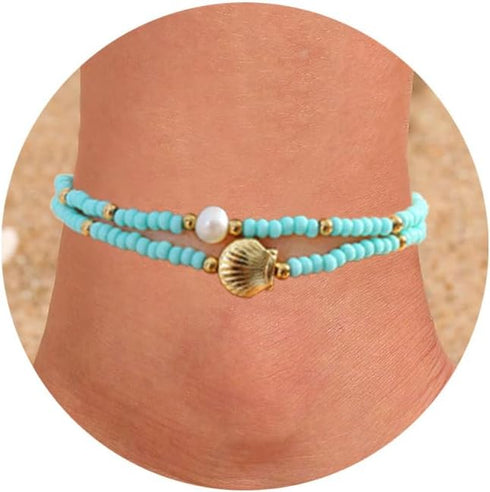 Boho Beaded Anklets for Women Colorful Stone Crystal Gold Beads Anklet Sets Elastic Handmade Summer Beach Charm Ankle Bracelets for Women...