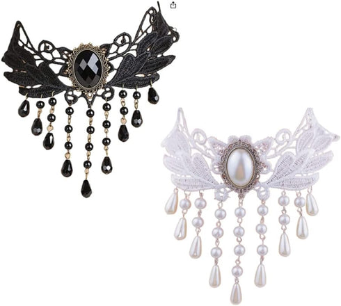 2 Pack Black White Droplet Elegant Vintage Princess Lace Gothic Statement Necklace Bracelet Victorian Tassel Flower Choker Pendant Vampire Neck Ch...