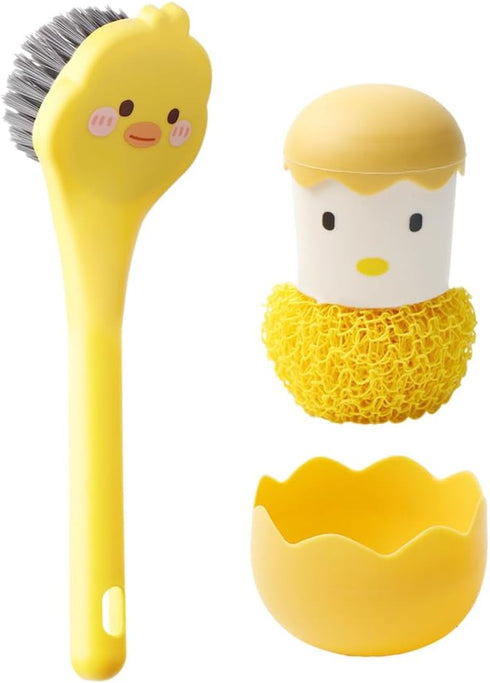 2 PCS Yellow Duck +Yellow chicken Dish Brush Handle Built-in Scraper, Scrub Brush for Pans, Pots, Kitchen Sink Cleaning...