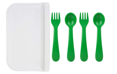 5 Piece Plastic Toddler Silverware Spoon and Fork Utensil Set - Reusable Toddler Cutlery with Hygienic Travel Pouch (Green)...