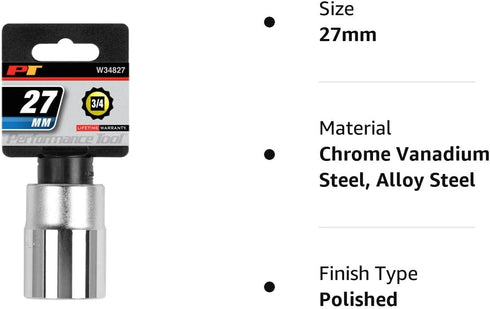 Performance Tool W34827 3/4-Inch Drive 12-Point Standard Socket 27mm...