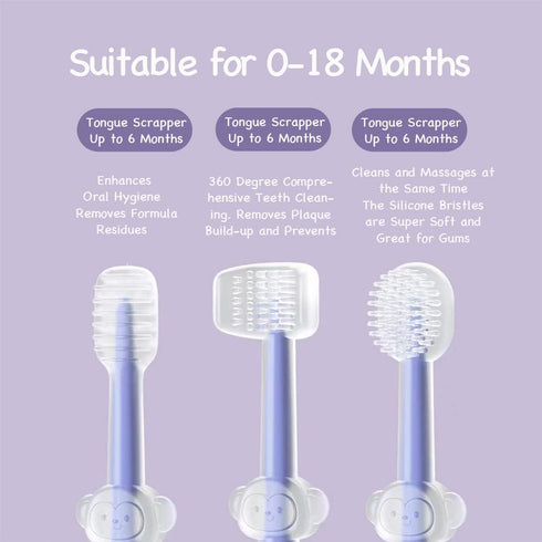PandaEar 3 Pack Silicone Baby Toddler Newborn Toothbrushes 0 to 18 months, Baby Tongue Cleaner + U-Shaped ToothScrubber + Baby First Toothbrush Te...