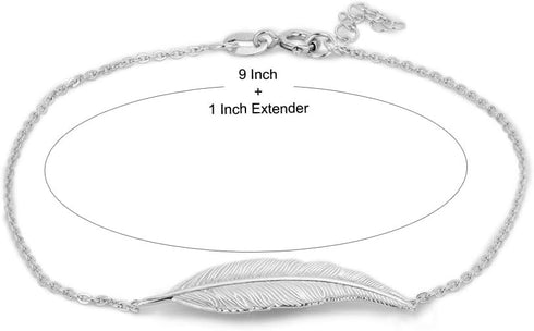 Sterling Silver Jewelry - Rhodium Plated with 925 Stamp - Feather Charm Anklet - Elegant handcrafted Chain Anklet for Women - 9" long + 1" extende...