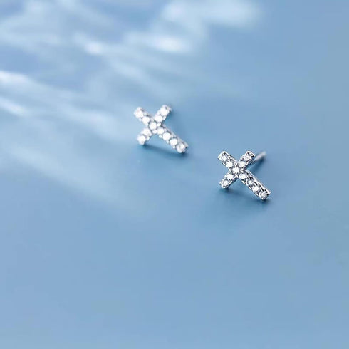 14K White Gold Plated Small Cross Silver Stud Earrings, Hypoallergenic Pave CZ Tiny Cross Stud Earrings for women...