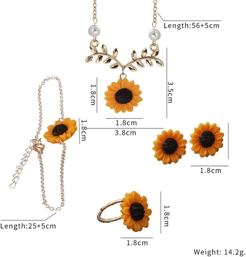 Sunflower Necklace Earring Bracelet Ring Set Boho Resin Petal Pendant for Women Jewelry Accessories...