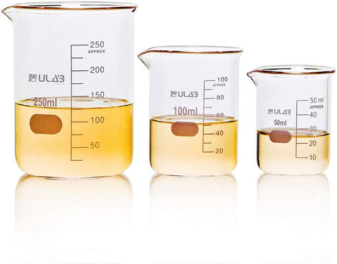 ULAB Scientific Glass Beaker Set, 3 Sizes 50ml 100ml 250ml, 3.3 Boro Griffin Low Form with Printed Graduation, UBG1001...