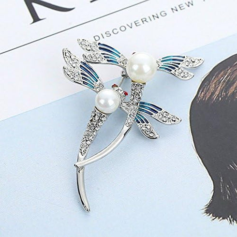 WLLAY Silver Tone Couple Dragonfly with White Pearl Brooch Blue Enamel Insect Pin Broach...
