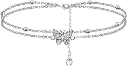 Butterfly Anklets For Women Silver Rhinestone Decor Bead Chain Cute Dainty Trendy Adjustable Layered Butterfly Anklet Bracelet Foot Chain Jewelry ...