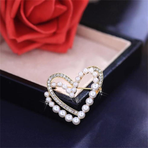 Classic Crystal Pearl Heart Brooch Pin Trendy Clothing Dress T-shirt Heart Scarf Brooch Double Heart Scarf Brooch Pin for Women Wedding Brooch...