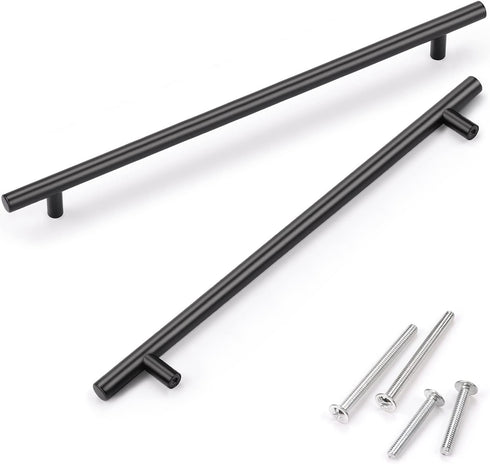KNOBWELL 6 Pack 10" Black Cabinet Handles Euro Style Stainless Steel Modern Long Kitchen Cabinet Door Pulls, Overall Length 12-3/5"...