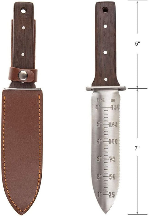 12" Hori Hori Garden Knife with FREE Diamond Sharpening Rod, Stainless Steel Blade with Protective Handguard and Full Tang Handle, Comes with Thic...
