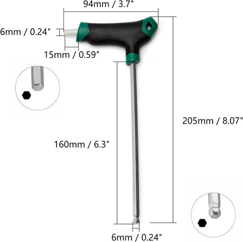 T-Handle Hex Keys Ball End Long Arm Metric Hexagon Allen Wrench Repair Kit Hand Tool for Home Automotive 45 Steel Green 6mm...