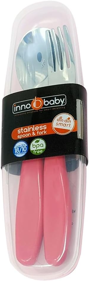 Innobaby Din Din Smart EZ Grip Spoon and Fork with Carrying Case, Utensil Set for Kids and Toddlers, BPA Free (Pink)...