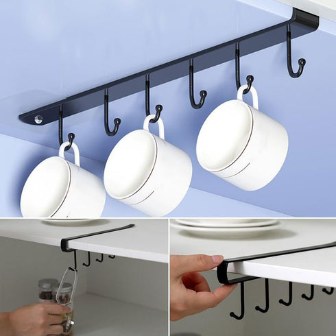 2 Pack Storage Mug Hooks Rack Under Cabinet Each with Fixed Sticker, 6 Hooks Cup Holder Hanger, Ties Belts Scarf Hanging Hook Rack, Mug Hook Hange...