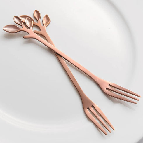 AnSaw 8-Pc Rose Gold Mini Leaf Fruit Forks Set - 4.7" Elegant Stainless Steel Dessert, Appetizer, Cake & Salad Forks - Perfect for Cocktail Partie...