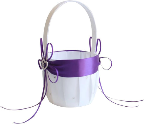 2PCS Purple Flower Girl Basket Double Heart Rhinestone Elegant For Wedding Ceremony Party Favor...