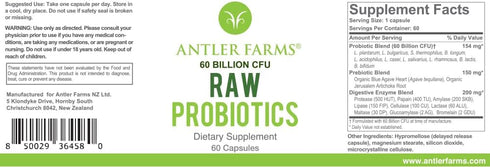 Antler Farms - Raw Probiotics 60 Billion CFU, 60 Capsules, Prebiotics & Probiotics Enzymes, Shelf Stable, Digestive & Immune Health, Vegan, Non-GM...