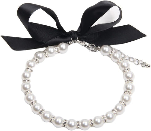 Dog Cat Pearls Necklace Collar with Bling Accessories and Ribbon Bow Pet Puppy Jewelry for Female Dogs Cats Small Medium (L, White)...