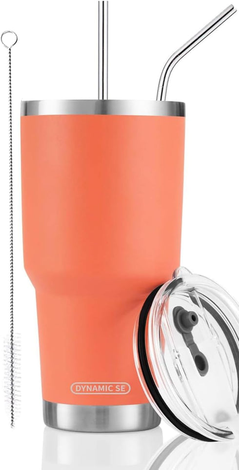 D·S 30oz Orange Tumbler Stainless Steel Insulated Travel Mug with Straw Lid Cleaning Brush (30oz Orange)...