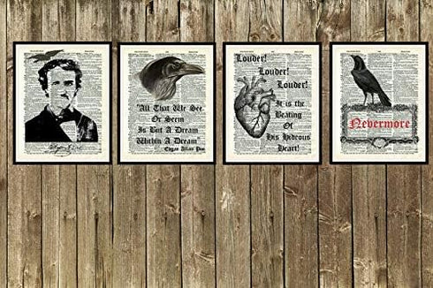 Set of 4 Edgar Allan Poe, Raven and Tell Tale Heart, Art Print Posters on Ephemera Dictionary Page Reproduction Background Unframed (8 x 10")...
