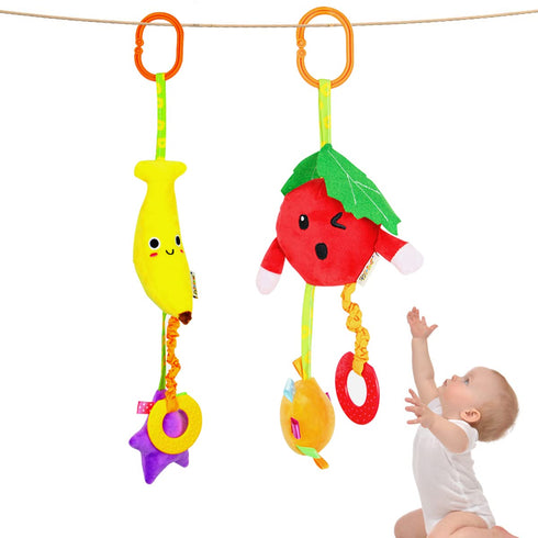2PCS Soft Plush Hanging Stroller Toys with Teether and Rattles,Newborn Stroller Car Seat Crib Toys Colorful Fruits Sensory Early Development Toy f...