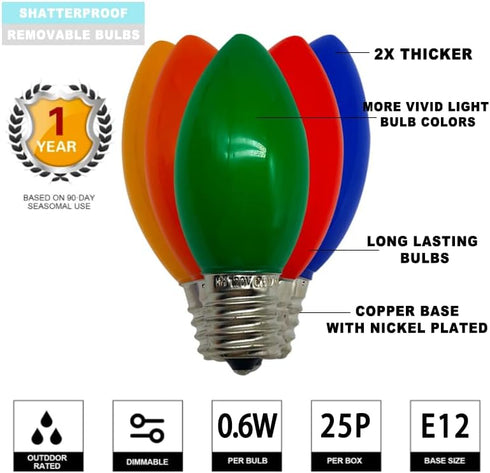 25 Pack C9 LED Replacement Christmas Light Bulbs, E17 Base Led Bulb Outdoor Christmas Lights, Waterproof Commercial Grade Holiday Decoration Repla...